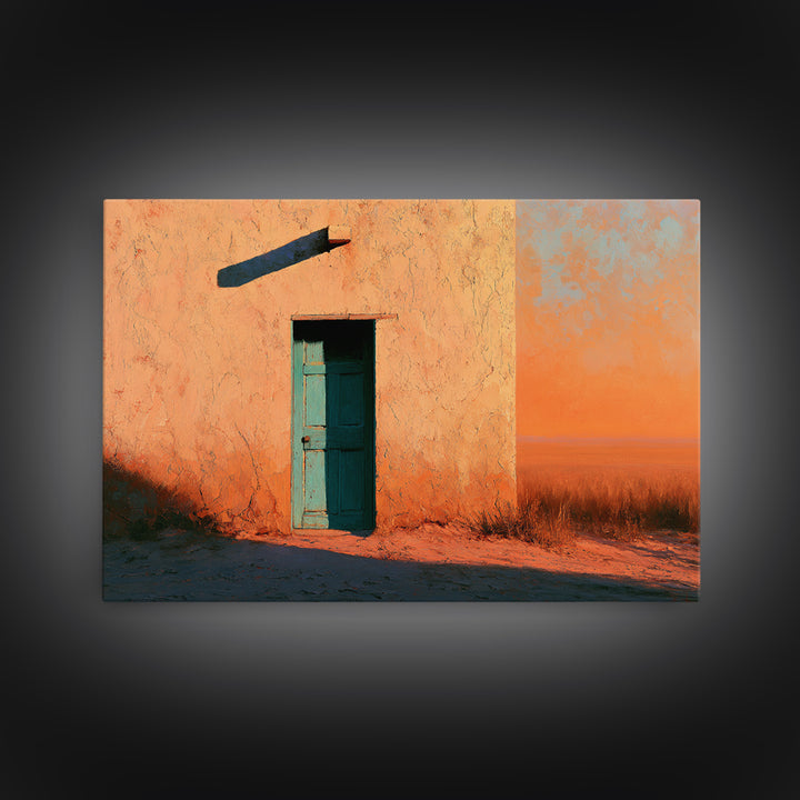Adobe Doorway with Turquoise Shadow Framed Canvas Print, Desert Art, Nature Wall Art, Southwestern Decor, Oil Painting, Desert, DES-3x2-9