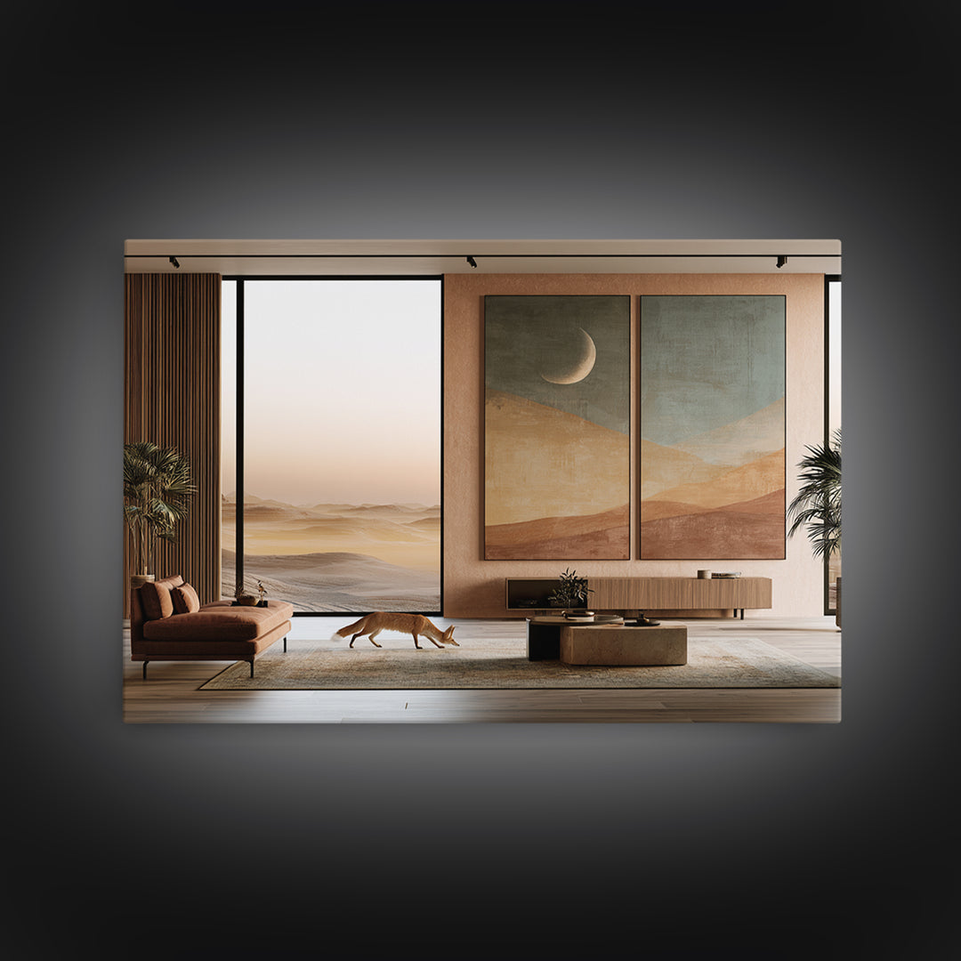 Desert Fox Beneath a Crescent Moon Canvas Print, Desert Art, Southwestern Decor, Oil Painting, Desert, Living Room Decor, DES-3x2-93