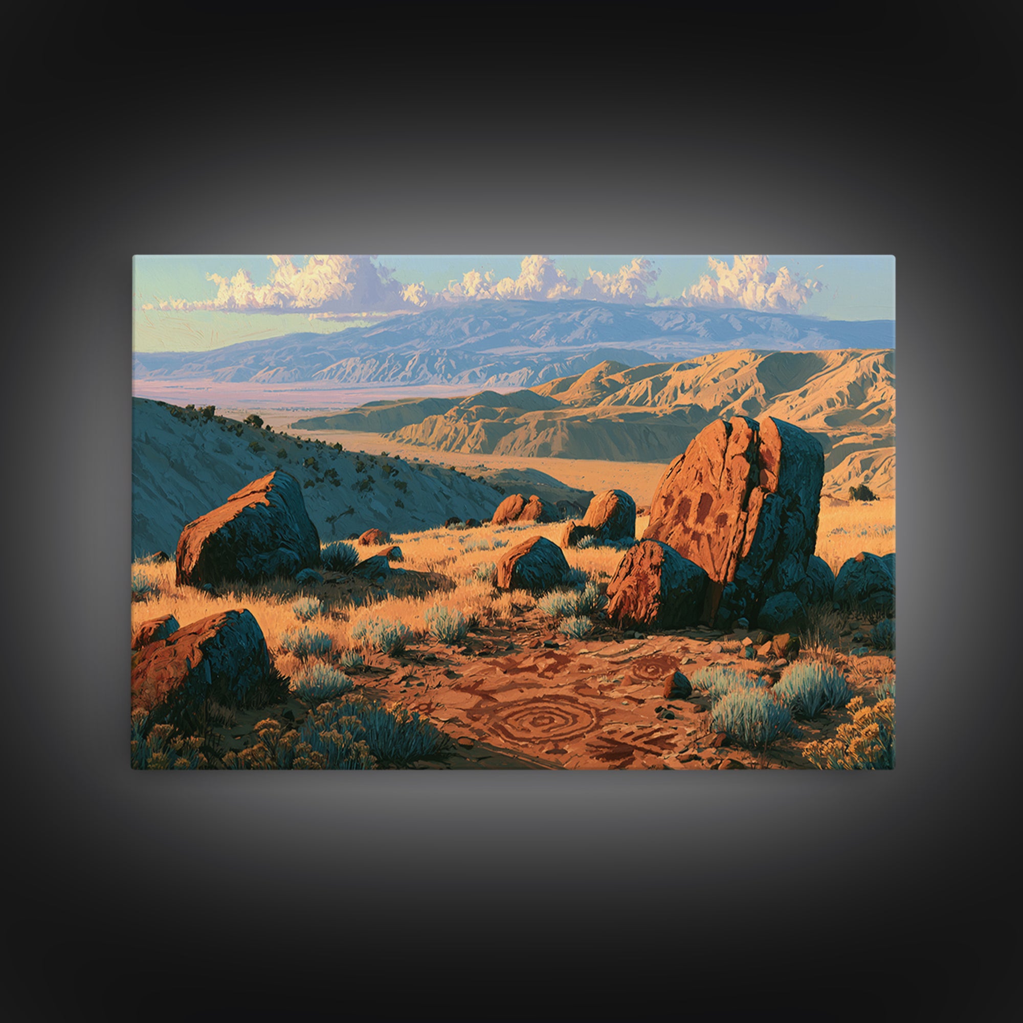Ancient Desert Petroglyph Design Framed Canvas Print, Desert Art, Room Decor, Southwestern Decor, Desert, Abstract Wall Art, DES-3x2-97