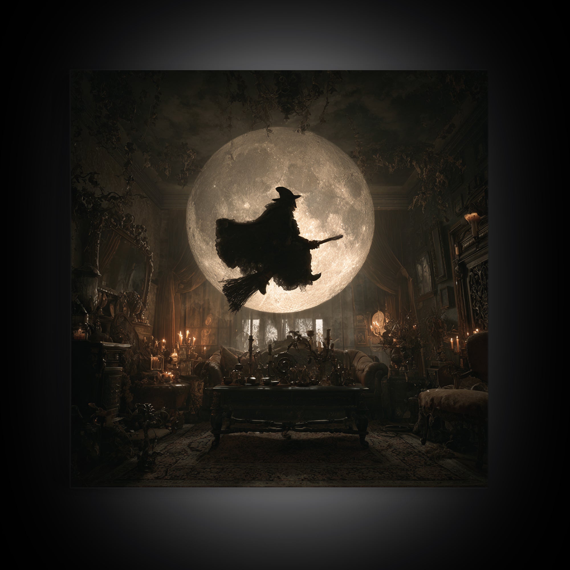 The Moonlit Witch, Square Wall Art, Haunted Gothic Art, Framed Canvas Print, Halloween Wall Decor, Gothic Home Decor, Dark Fantasy Art