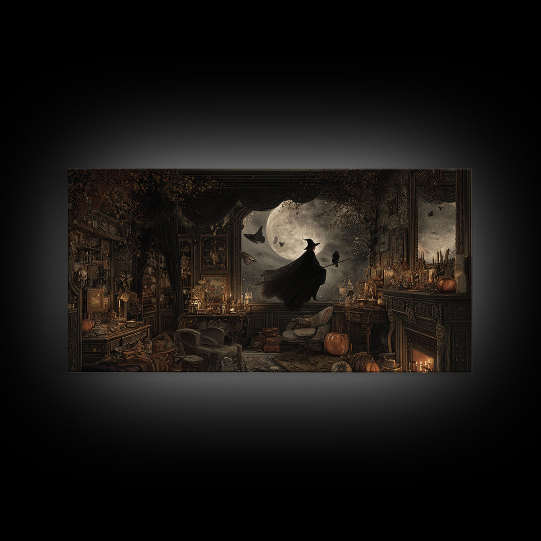 The Moonlit Witch, Wide Panoramic Art, Haunted Gothic Art, Framed Canvas Print, Halloween Wall Decor, Gothic Home Decor, Halloween Wall Art