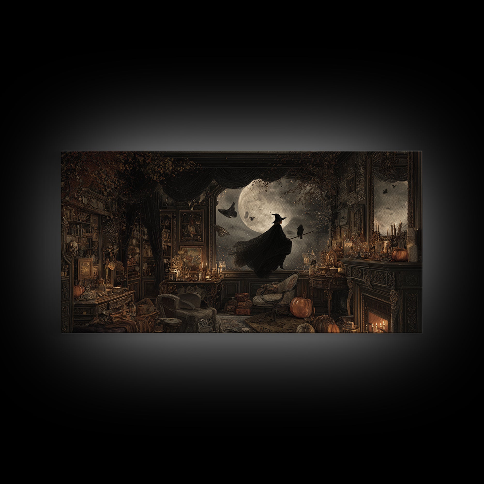 The Moonlit Witch, Wide Panoramic Art, Haunted Gothic Art, Framed Canvas Print, Halloween Wall Decor, Gothic Home Decor, Halloween Wall Art