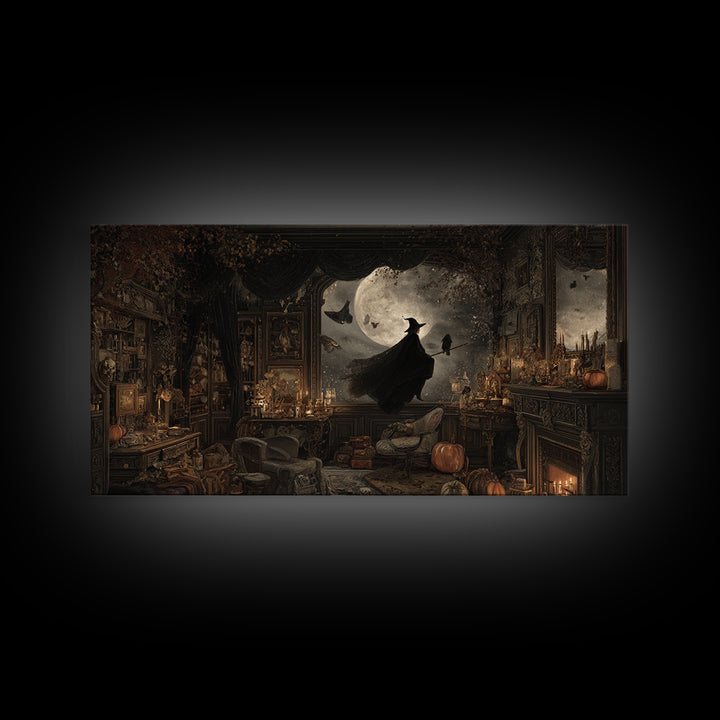 The Moonlit Witch, Wide Panoramic Art, Haunted Gothic Art, Framed Canvas Print, Halloween Wall Decor, Gothic Home Decor, Halloween Wall Art