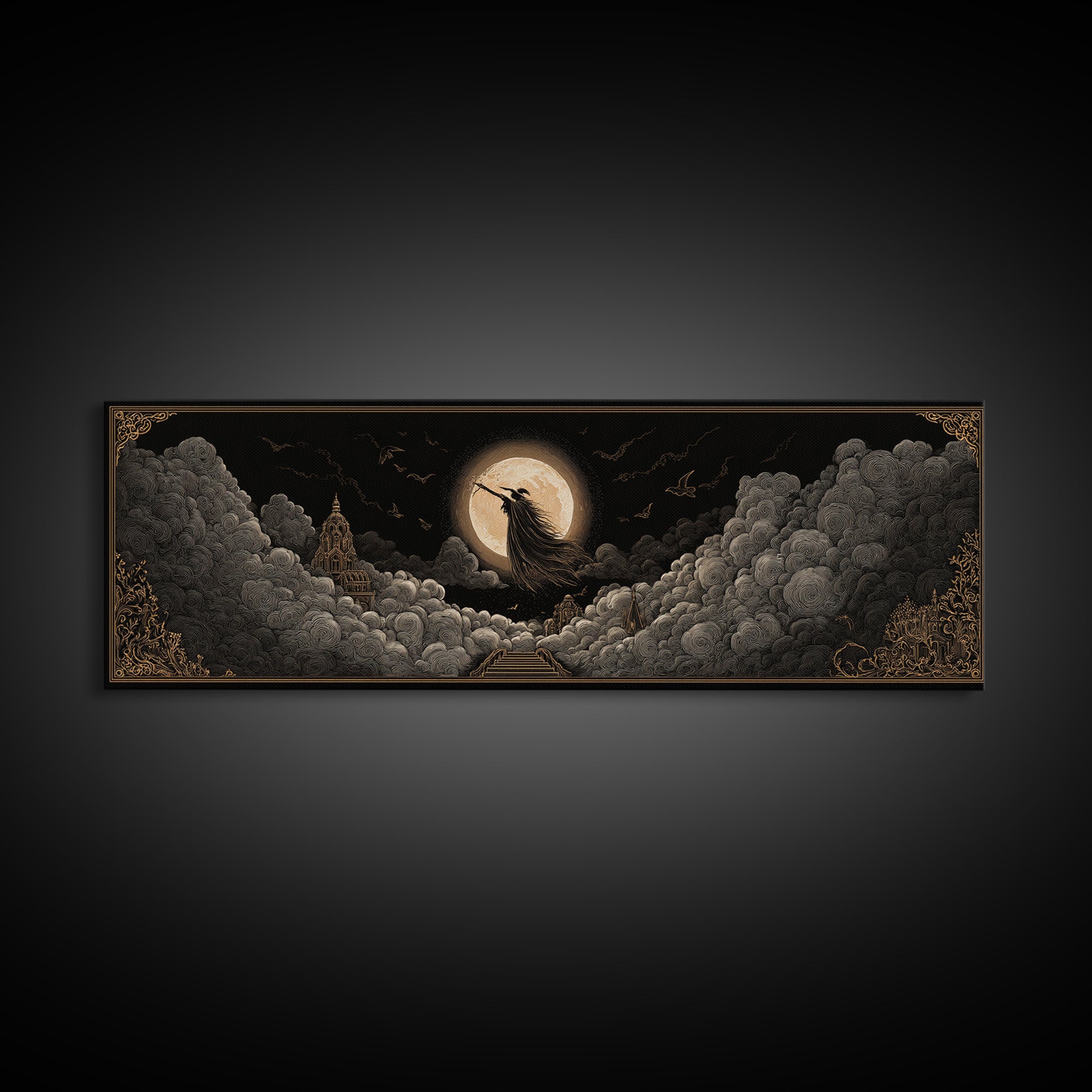 The Moonlit Witch, Extra Wide Wall Art, Dark Fantasy Wall Art, Canvas Print, Halloween Wall Decor, Gothic Home Decor, Spooky Wall Decor