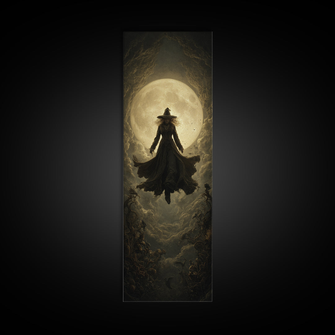 The Moonlit Witch, Tall Narrow Wall Art, Macabre Wall Art, Framed Canvas Print, Halloween Wall Decor, Gothic Home Decor, Halloween Wall Art