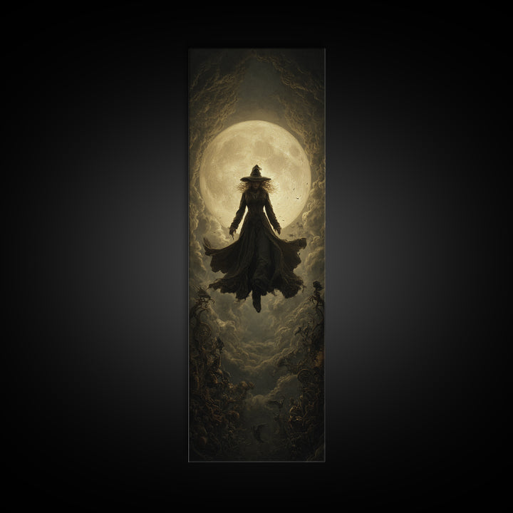 The Moonlit Witch, Tall Narrow Wall Art, Macabre Wall Art, Framed Canvas Print, Halloween Wall Decor, Gothic Home Decor, Halloween Wall Art