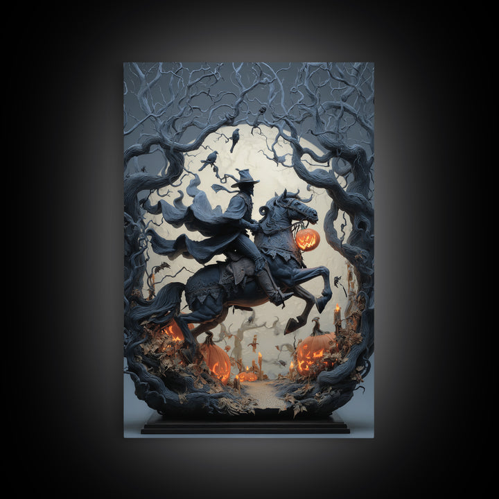 The Headless Horseman, Vertical Wall Art, Macabre Wall Art, Framed Canvas Print, Halloween Wall Decor, Gothic Home Decor, Statement Wall Art