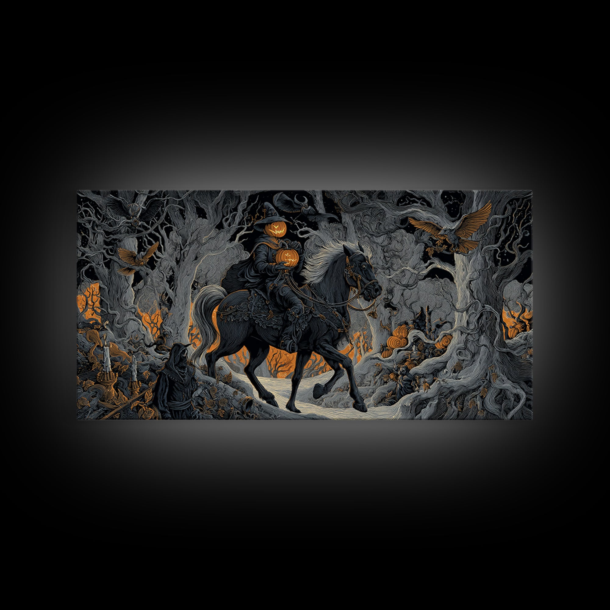 The Headless Horseman, Wide Panoramic Art, Dark Halloween Decor, Canvas Print, Halloween Wall Decor, Gothic Home Decor, Dark Fantasy Art