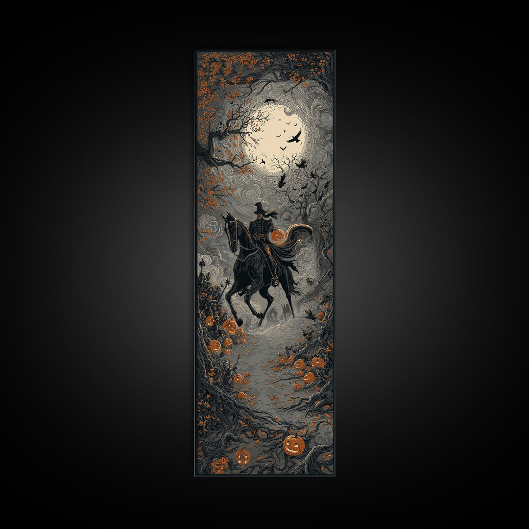 The Headless Horseman, Tall Narrow Wall Art, Haunted Gothic Art, Framed Canvas Print, Halloween Wall Decor, Gothic Home Decor