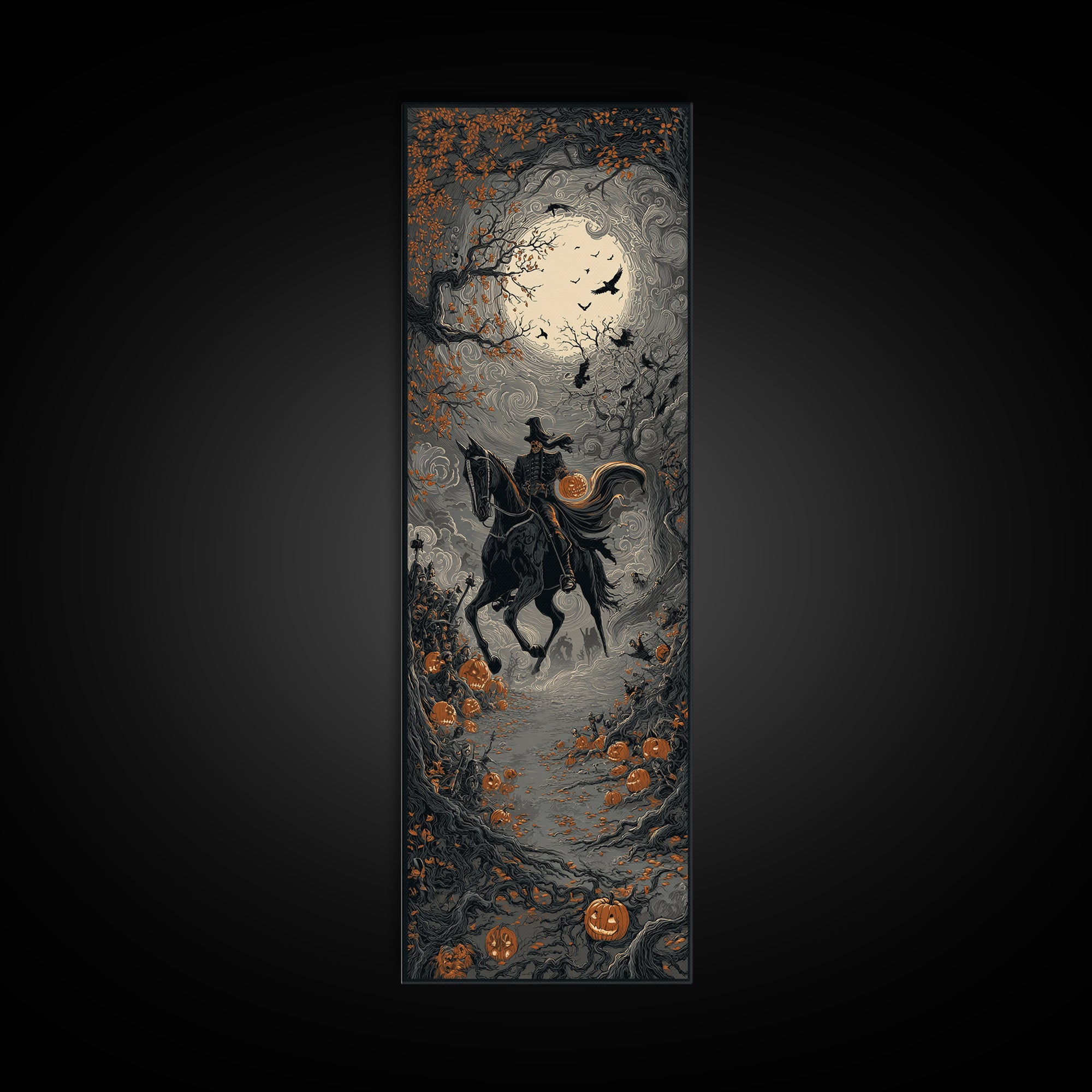 The Headless Horseman, Tall Narrow Wall Art, Haunted Gothic Art, Framed Canvas Print, Halloween Wall Decor, Gothic Home Decor
