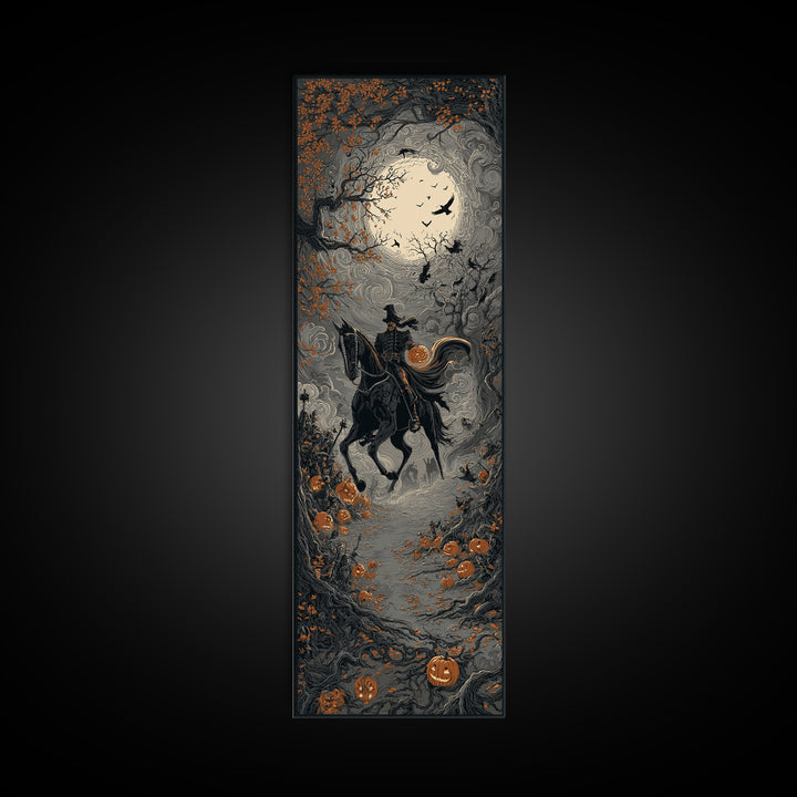 The Headless Horseman, Tall Narrow Wall Art, Haunted Gothic Art, Framed Canvas Print, Halloween Wall Decor, Gothic Home Decor