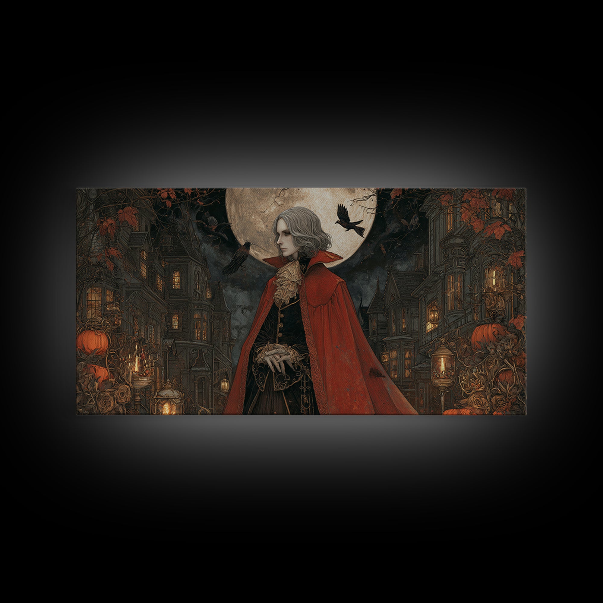 The Crimson Vampire, Wide Panoramic Art, Haunted Gothic Art, Framed Canvas Print, Halloween Wall Decor, Gothic Home Decor, Spooky Wall Decor