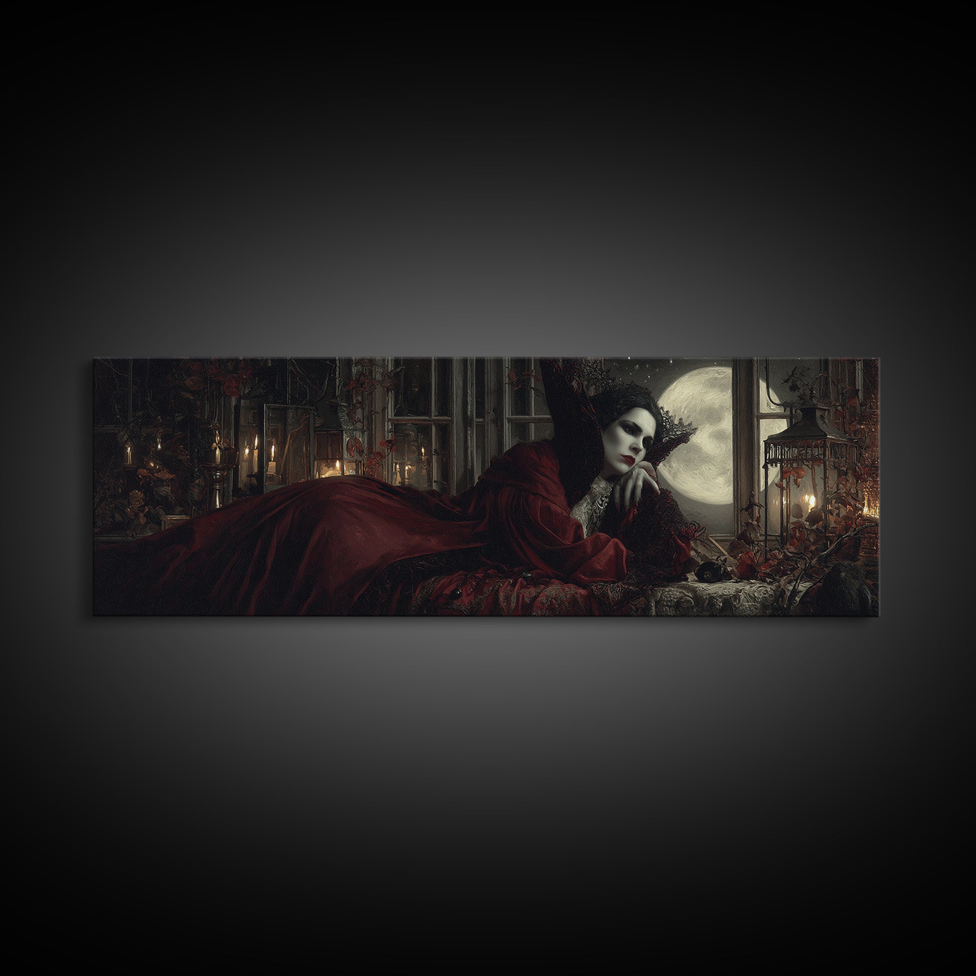 The Crimson Vampire, Extra Wide Wall Art, Dark Fantasy Wall Art, Canvas Print, Halloween Wall Decor, Gothic Home Decor, Spooky Wall Decor