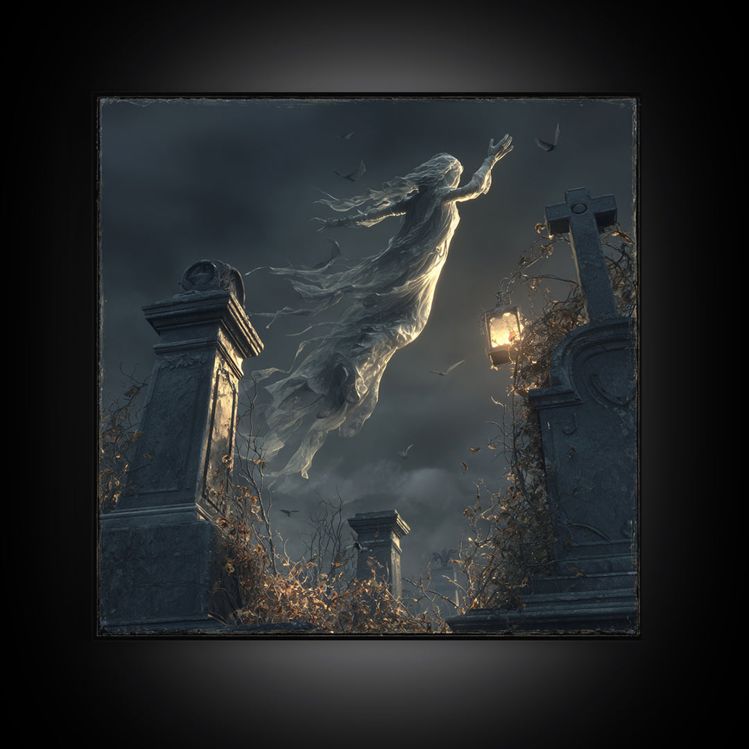 The Graveyard Ghost, Square Wall Art, Haunted Gothic Art, Framed Canvas Print, Halloween Wall Decor, Gothic Home Decor, Spooky Wall Decor
