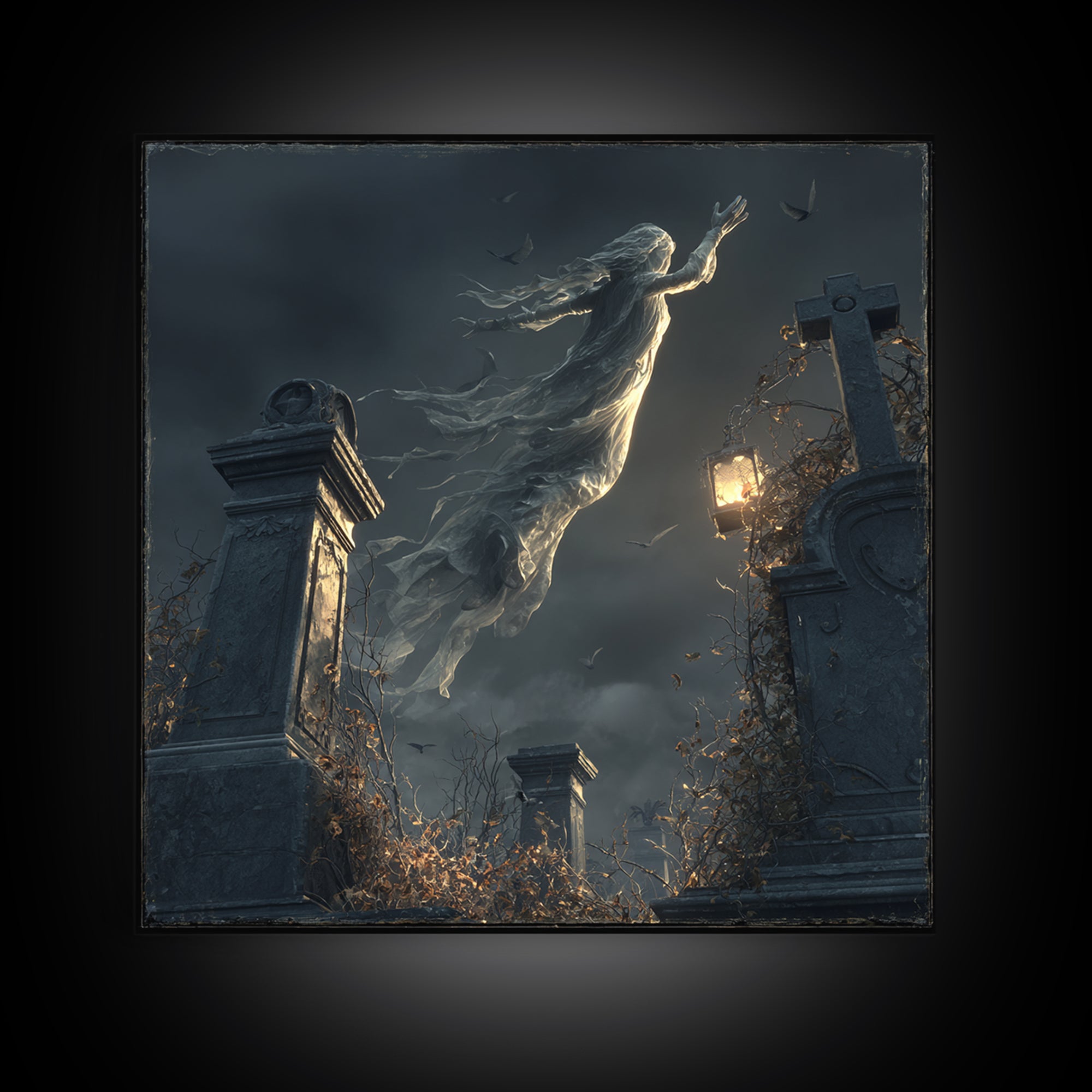 The Graveyard Ghost, Square Wall Art, Haunted Gothic Art, Framed Canvas Print, Halloween Wall Decor, Gothic Home Decor, Spooky Wall Decor