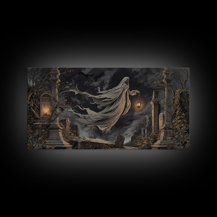 The Graveyard Ghost, Wide Panoramic Art, Gothic Horror Wall Art, Framed Canvas Print, Halloween Wall Decor, Gothic Home Decor