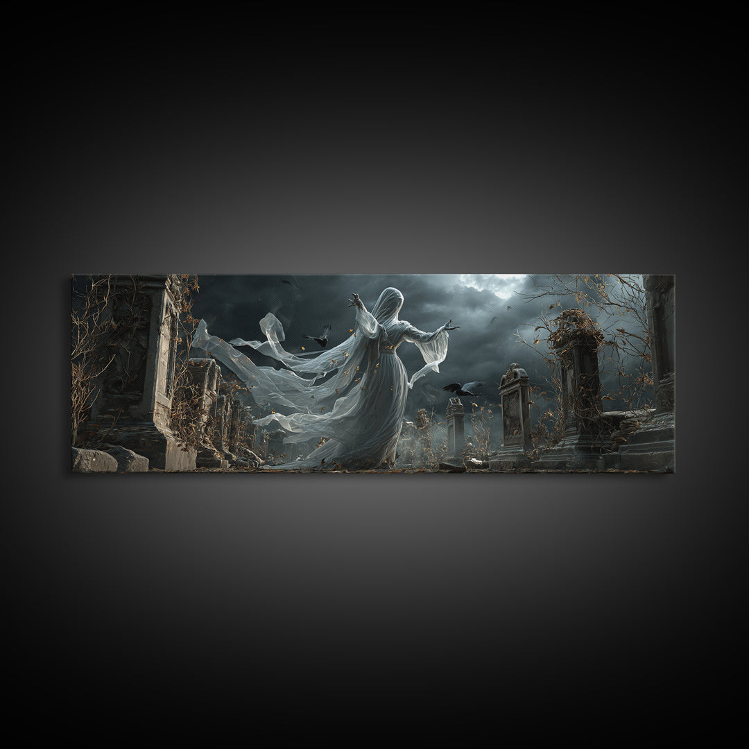 The Graveyard Ghost, Extra Wide Wall Art, Macabre Wall Art, Framed Canvas Print, Halloween Wall Decor, Gothic Home Decor