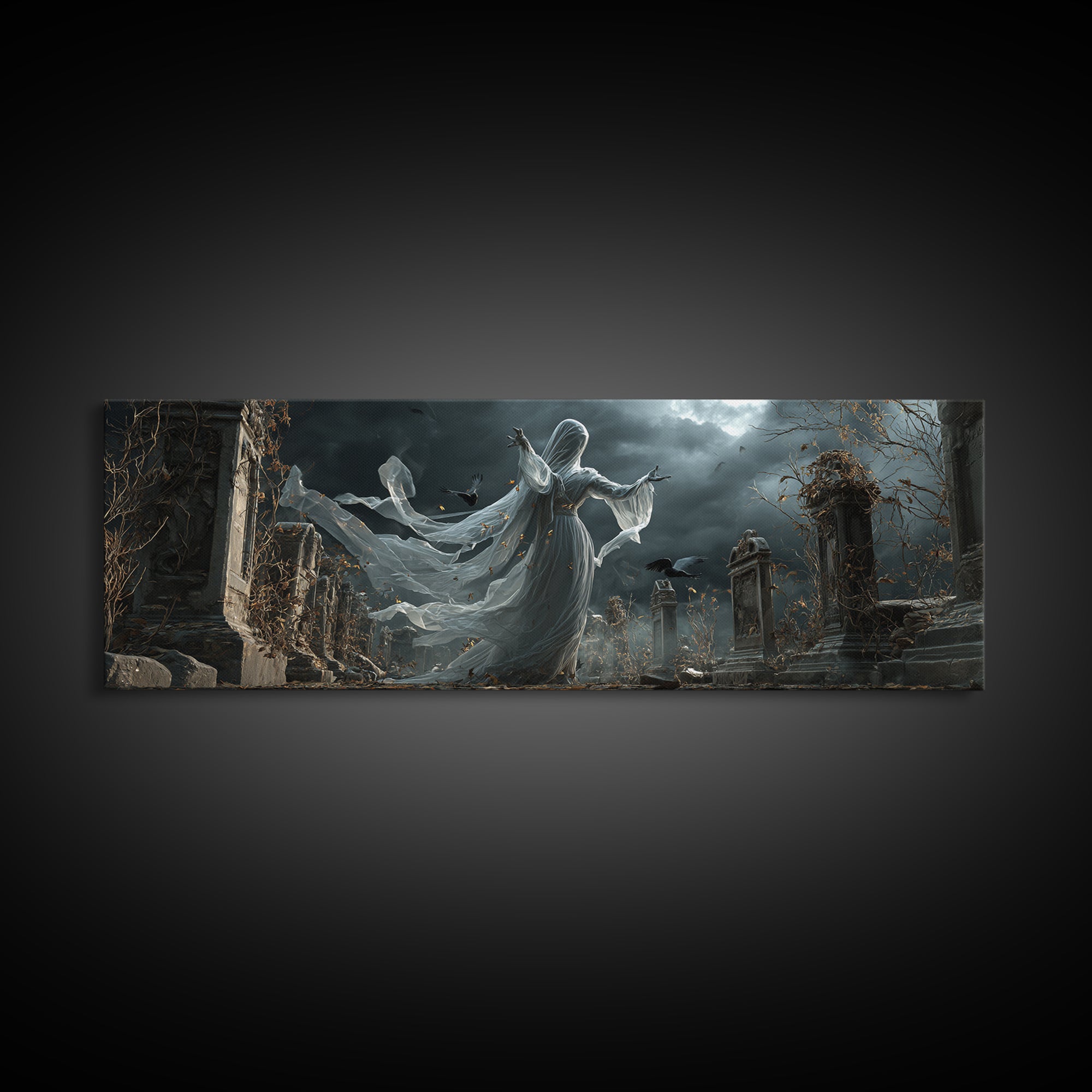The Graveyard Ghost, Extra Wide Wall Art, Macabre Wall Art, Framed Canvas Print, Halloween Wall Decor, Gothic Home Decor