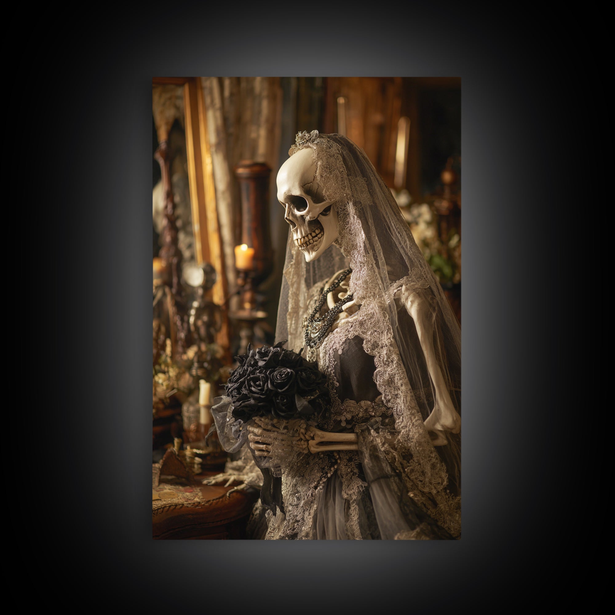 The Skeletal Bride, Vertical Wall Art, Macabre Wall Art, Framed Canvas Print, Halloween Wall Decor, Gothic Home Decor, Spooky Wall Decor