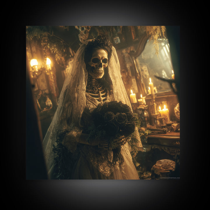 The Skeletal Bride, Square Wall Art, Haunted Gothic Art, Framed Canvas Print, Halloween Wall Decor, Gothic Home Decor, Macabre Wall Art
