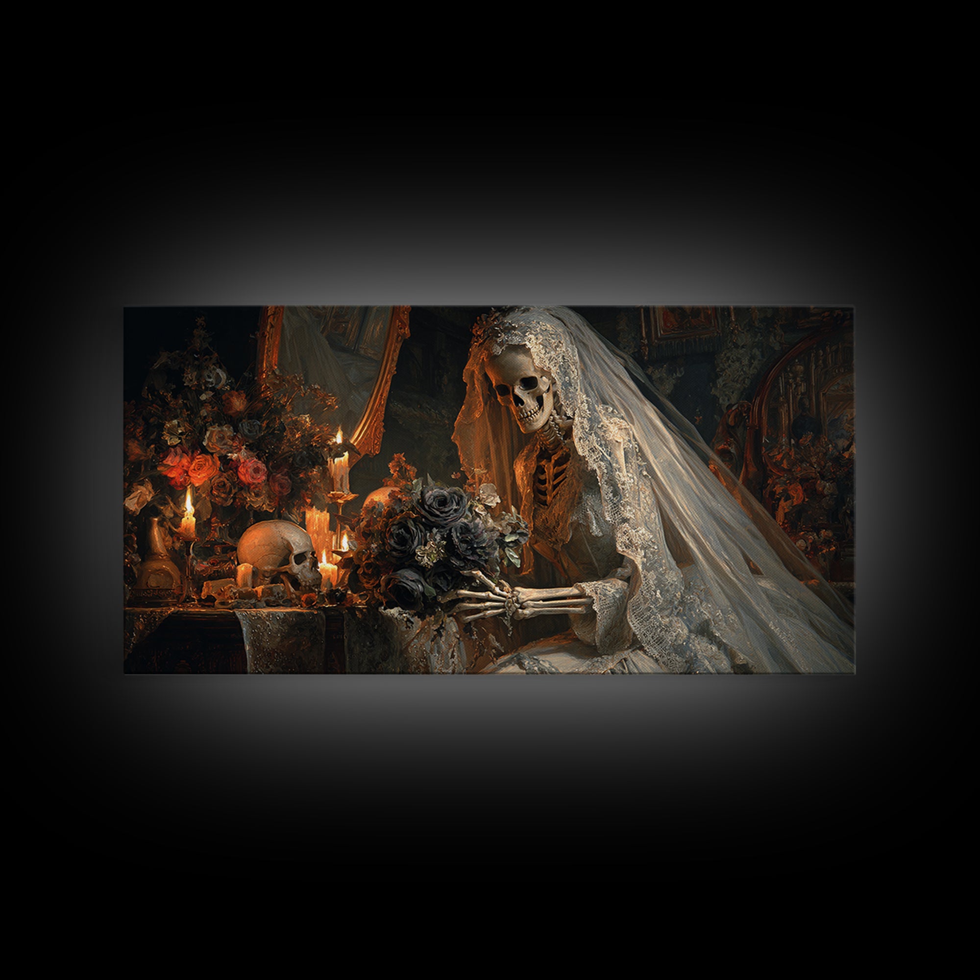 The Skeletal Bride, Wide Panoramic Art, Haunted Gothic Art, Framed Canvas Print, Halloween Wall Decor, Gothic Home Decor, Dark Fantasy Art