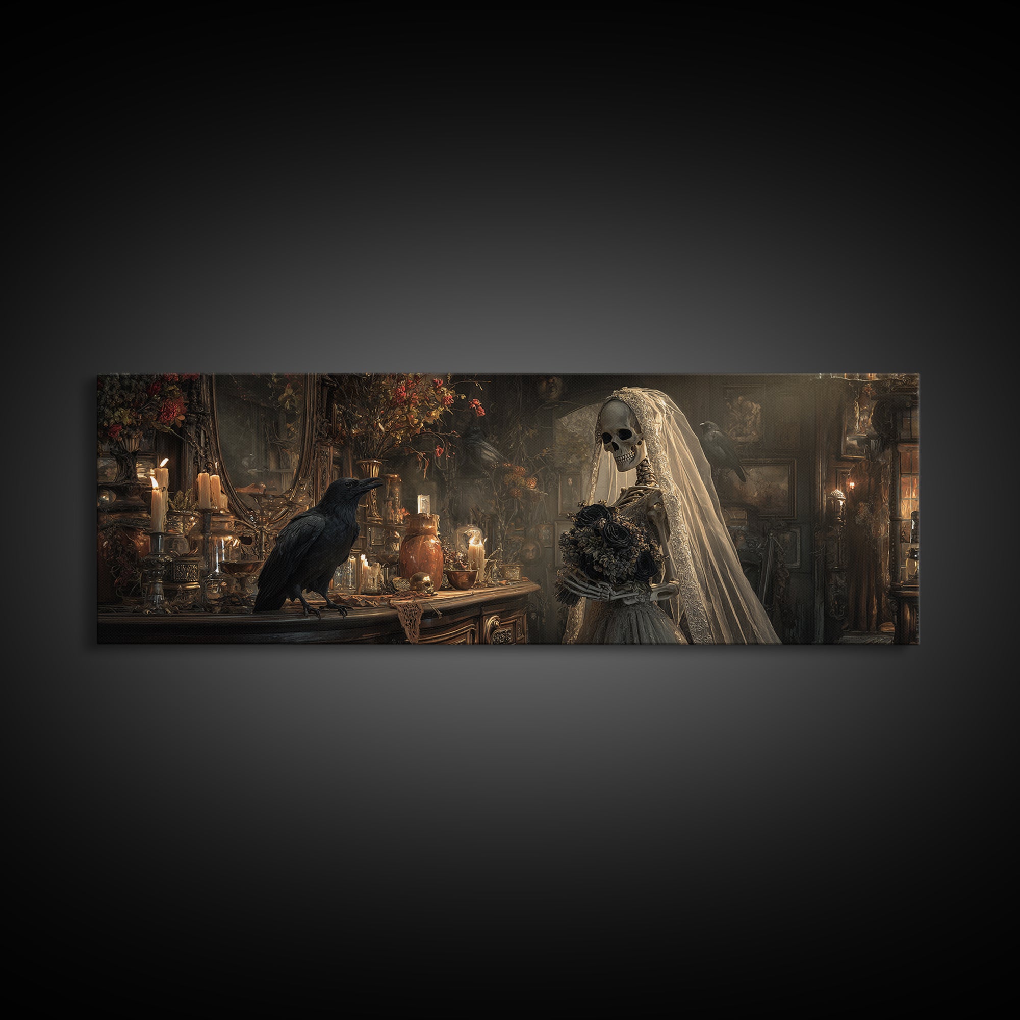 The Skeletal Bride, Extra Wide Wall Art, Spooky Home Decor, Canvas Print, Halloween Wall Decor, Gothic Home Decor, Halloween Wall Art