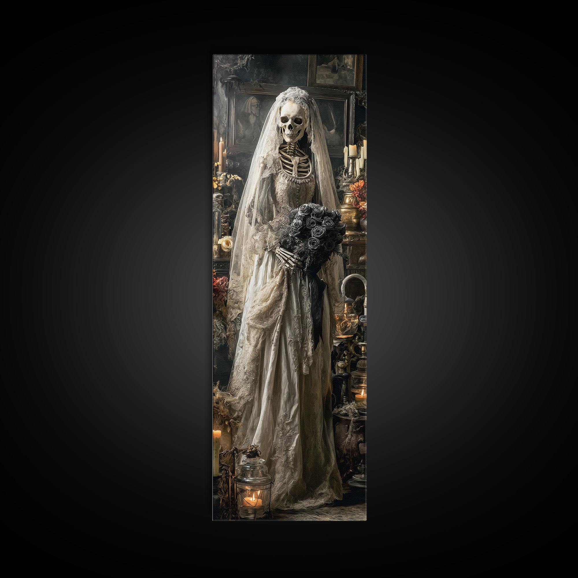 The Skeletal Bride, Tall Narrow Wall Art, Macabre Wall Art, Framed Canvas Print, Halloween Wall Decor, Gothic Home Decor, Halloween Decor