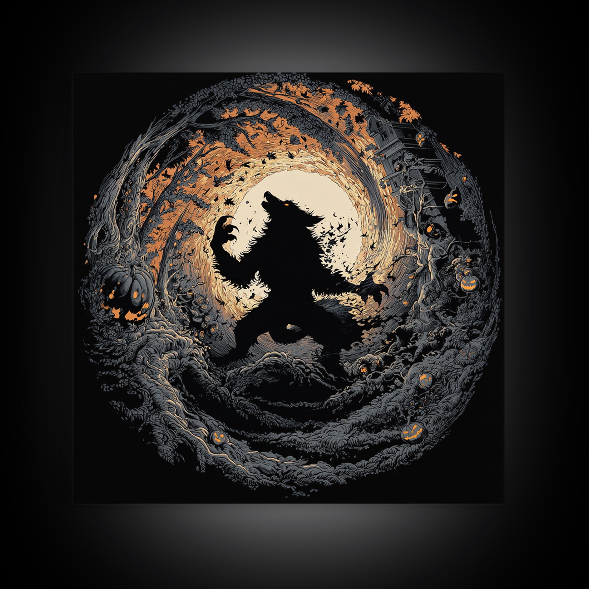The Moon-Cursed Werewolf, Square Wall Art, Haunted Gothic Art, Framed Canvas Print, Halloween Wall Decor, Gothic Home Decor