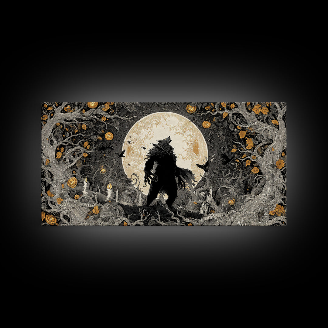 The Moon-Cursed Werewolf, Wide Panoramic Art, Macabre Wall Art, Framed Canvas Print, Halloween Wall Decor, Gothic Home Decor