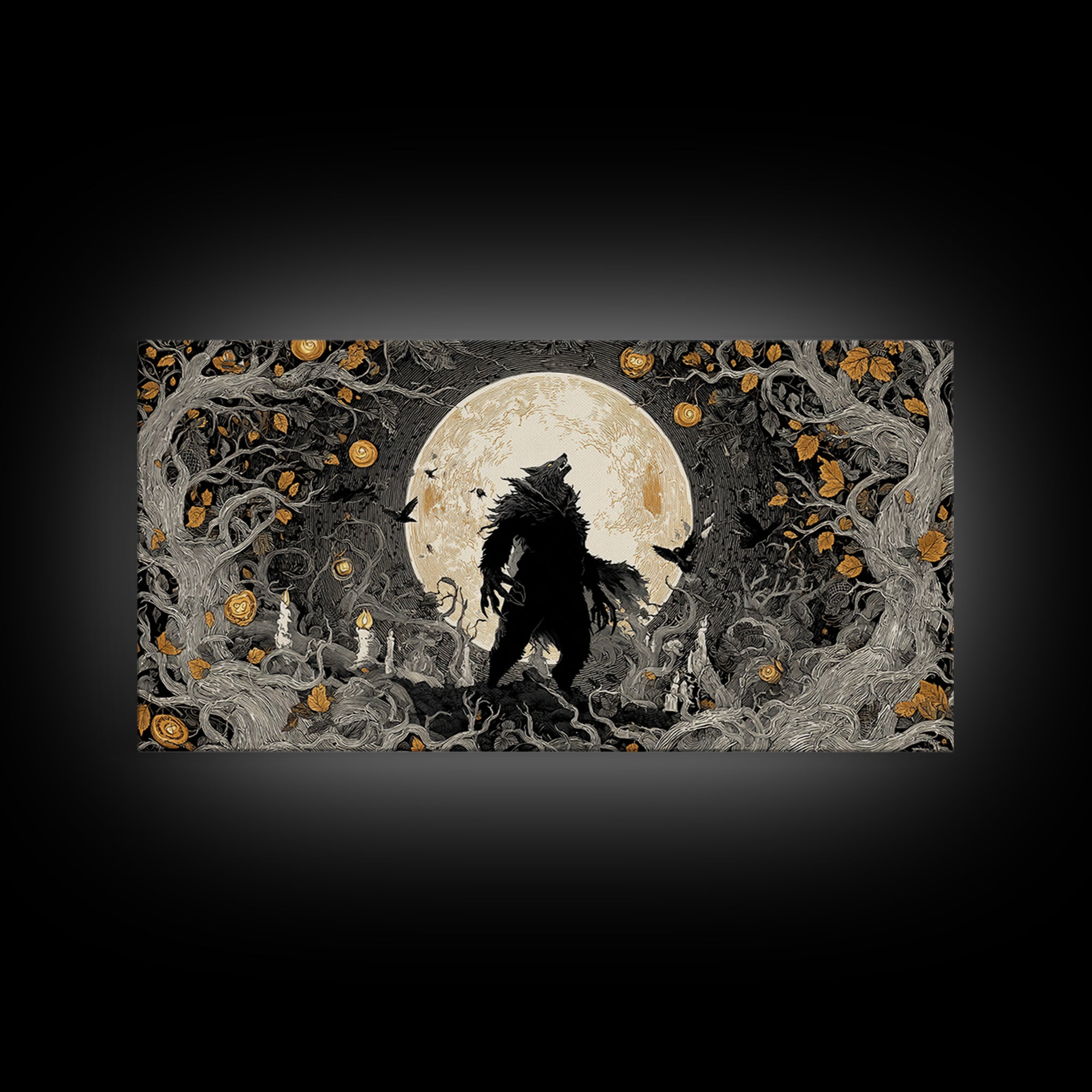 The Moon-Cursed Werewolf, Wide Panoramic Art, Macabre Wall Art, Framed Canvas Print, Halloween Wall Decor, Gothic Home Decor