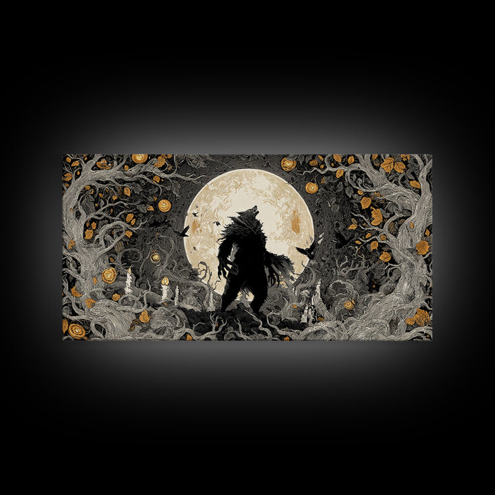 The Moon-Cursed Werewolf, Wide Panoramic Art, Macabre Wall Art, Framed Canvas Print, Halloween Wall Decor, Gothic Home Decor