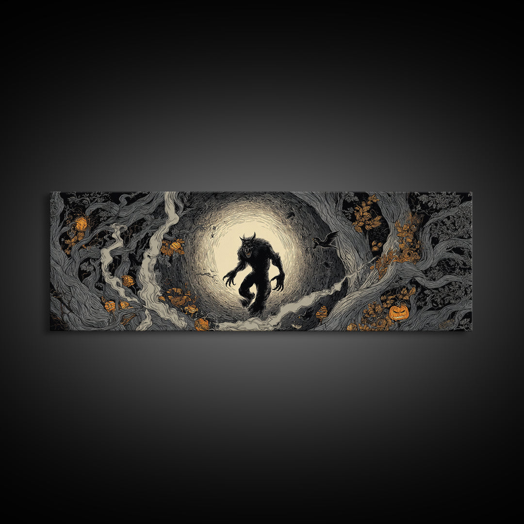 The Moon-Cursed Werewolf, Extra Wide Wall Art, Spooky Home Decor, Canvas Print, Halloween Wall Decor, Gothic Home Decor, Horror Wall Art