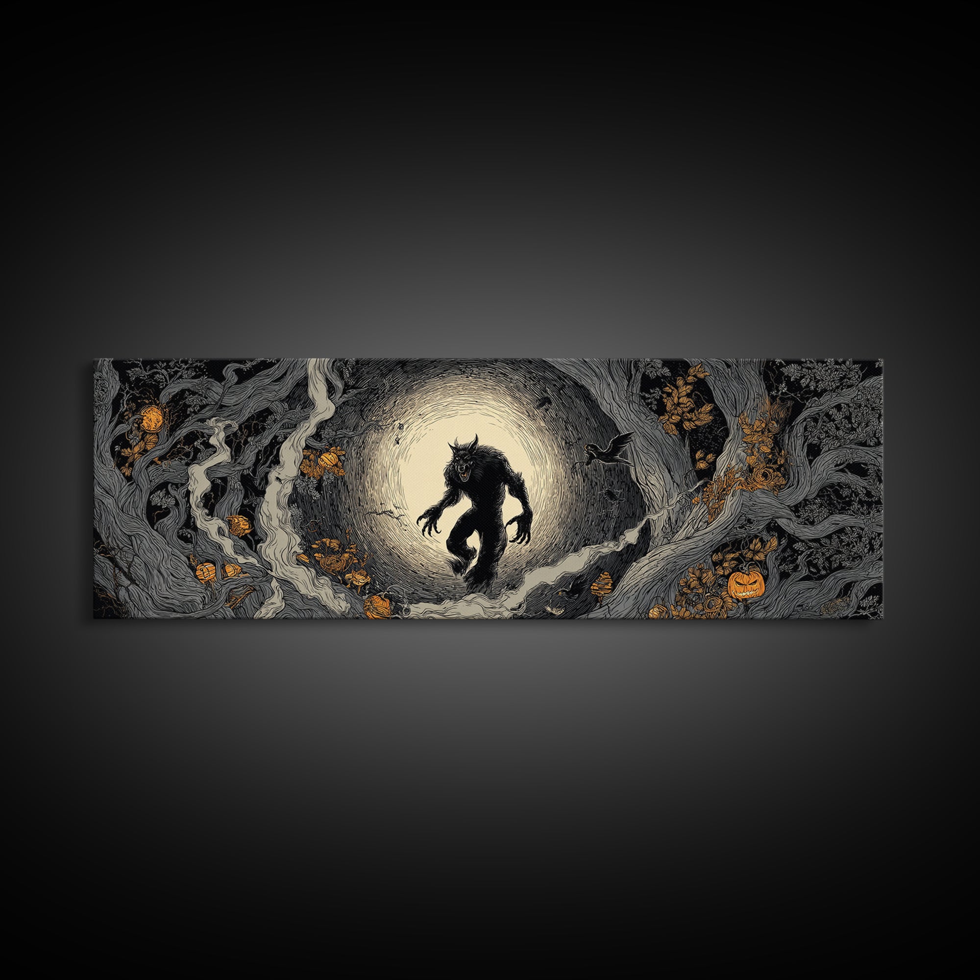 The Moon-Cursed Werewolf, Extra Wide Wall Art, Spooky Home Decor, Canvas Print, Halloween Wall Decor, Gothic Home Decor, Horror Wall Art