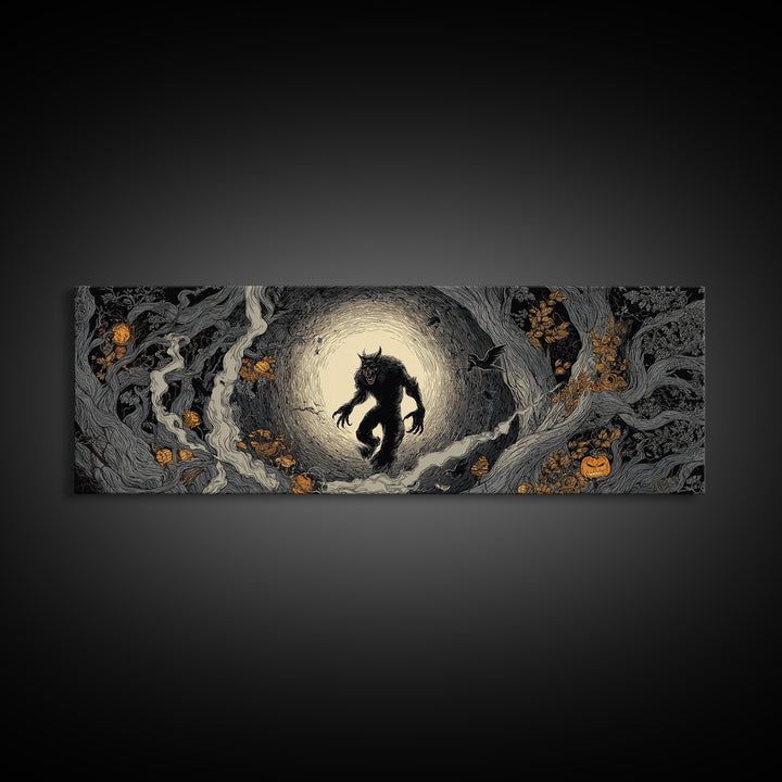 The Moon-Cursed Werewolf, Extra Wide Wall Art, Spooky Home Decor, Canvas Print, Halloween Wall Decor, Gothic Home Decor, Horror Wall Art