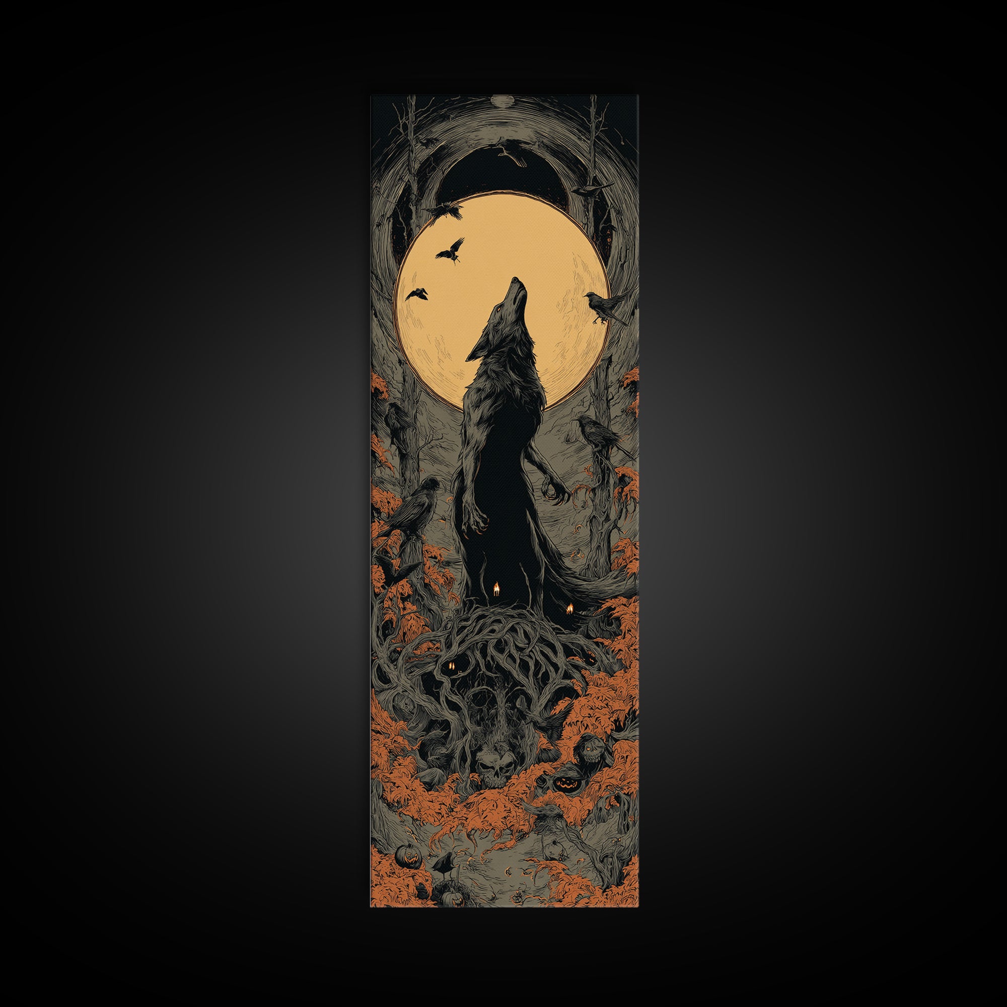 The Moon-Cursed Werewolf, Tall Narrow Wall Art, Dark Fantasy Wall Art, Canvas Print, Halloween Wall Decor, Gothic Home Decor