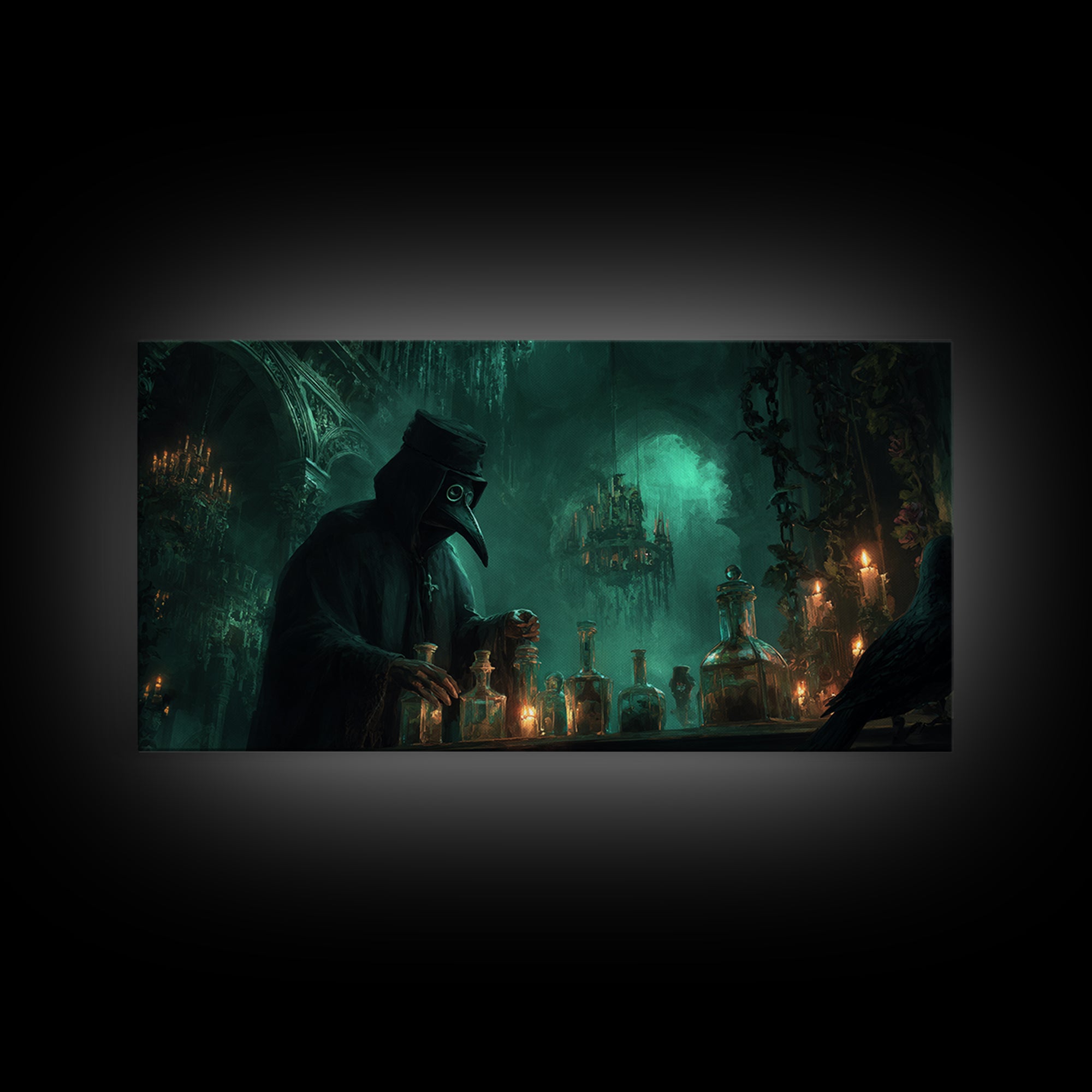 The Plague Doctor, Wide Panoramic Art, Macabre Wall Art, Framed Canvas Print, Halloween Wall Decor, Gothic Home Decor, Halloween Wall Art