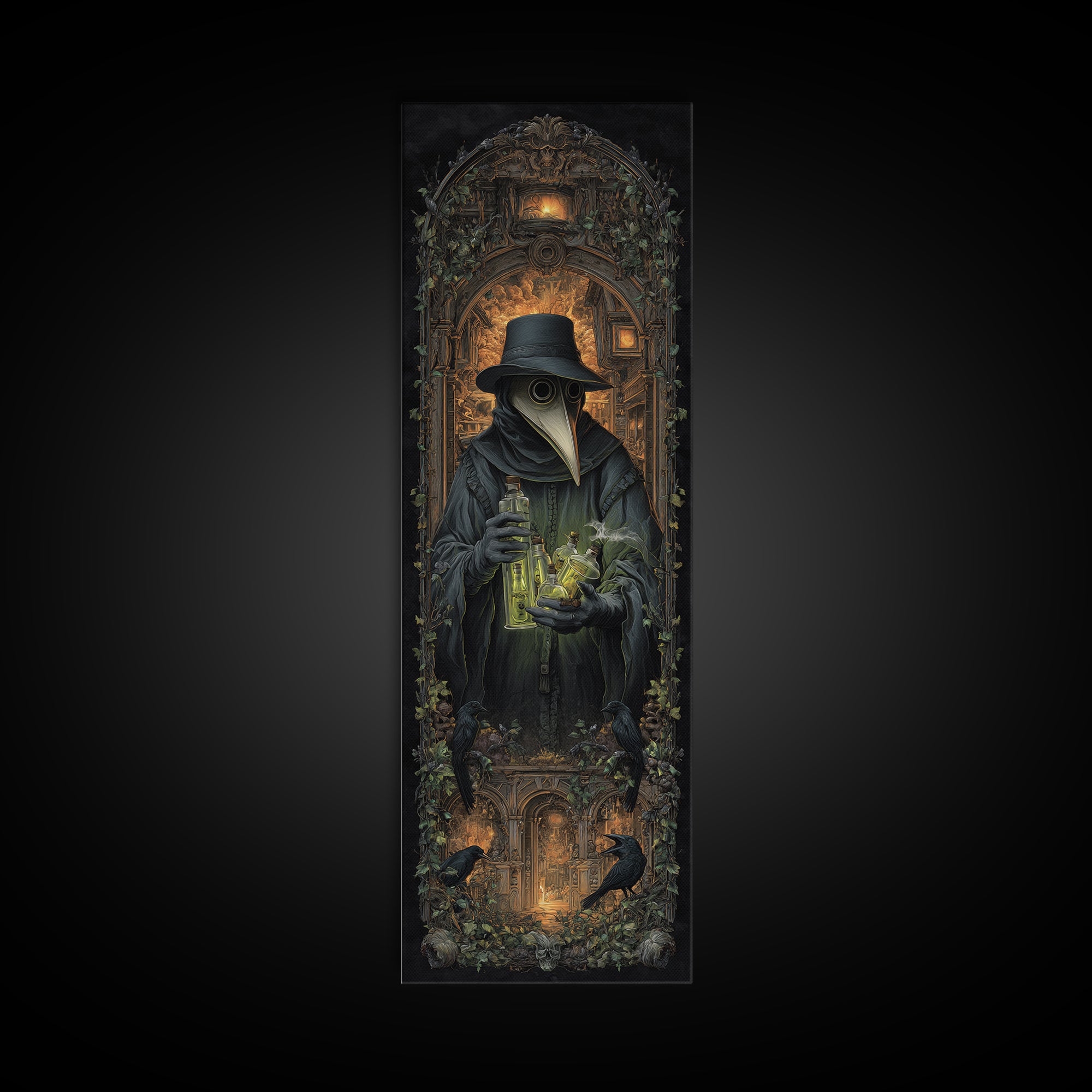 The Plague Doctor, Tall Narrow Wall Art, Haunted Gothic Art, Framed Canvas Print, Halloween Wall Decor, Gothic Home Decor, Spooky Wall Decor