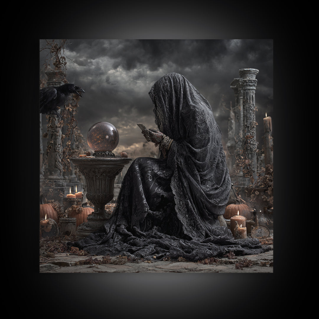 The Midnight Fortune Teller, Square Wall Art, Gothic Horror Wall Art, Framed Canvas Print, Halloween Wall Decor, Gothic Home Decor