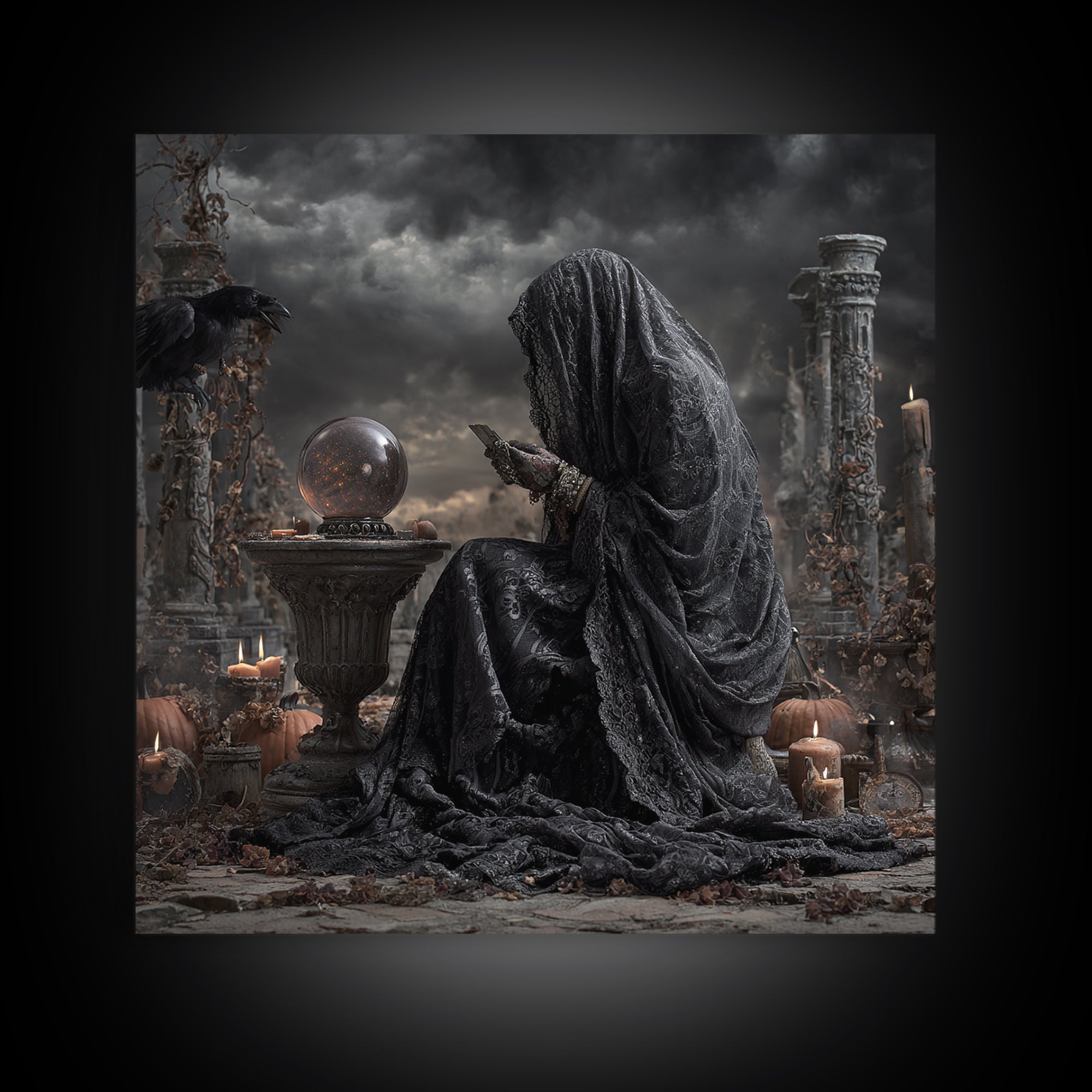 The Midnight Fortune Teller, Square Wall Art, Gothic Horror Wall Art, Framed Canvas Print, Halloween Wall Decor, Gothic Home Decor