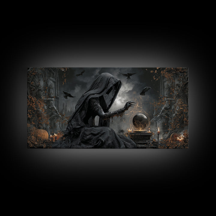 The Midnight Fortune Teller, Wide Panoramic Art, Macabre Wall Art, Framed Canvas Print, Halloween Wall Decor, Gothic Home Decor
