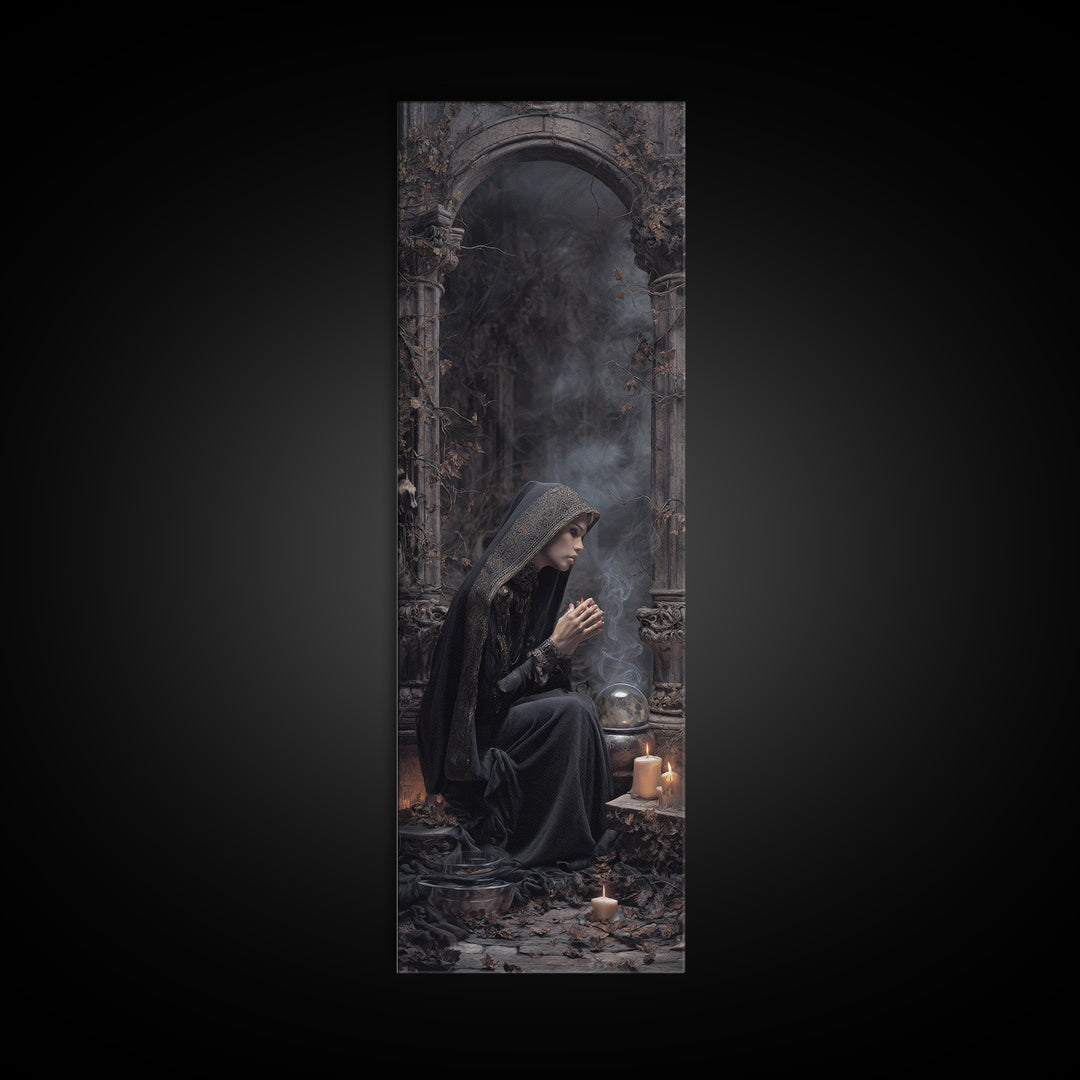 The Midnight Fortune Teller, Tall Narrow Wall Art, Dark Fantasy Wall Art, Canvas Print, Halloween Wall Decor, Gothic Home Decor