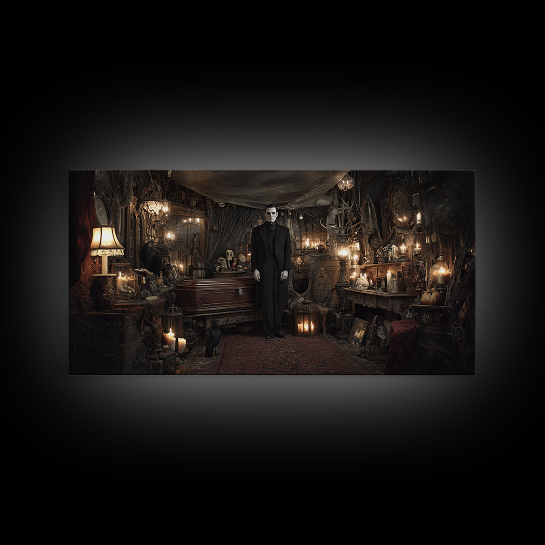The Sinister Undertaker, Wide Panoramic Art, Dark Fantasy Wall Art, Canvas Print, Halloween Wall Decor, Gothic Home Decor