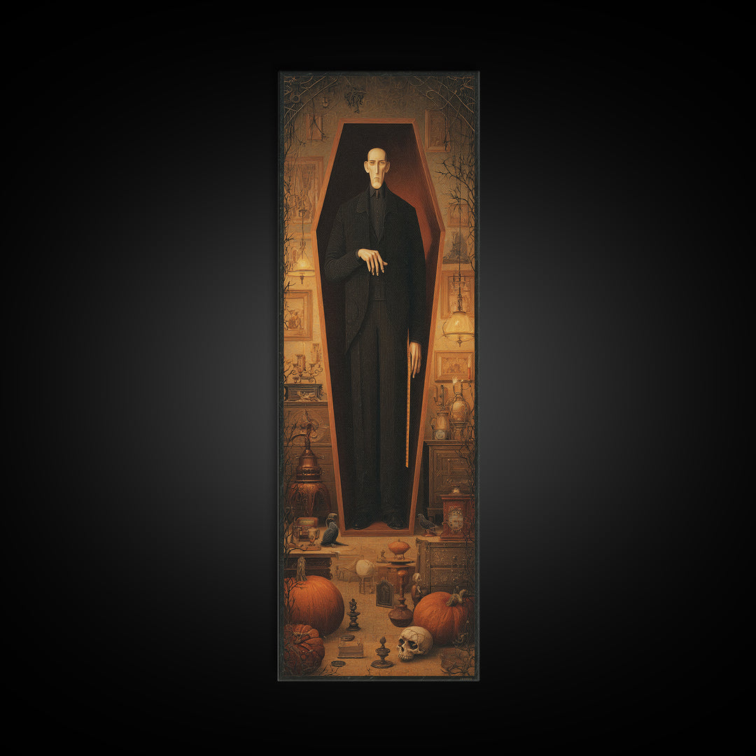 The Sinister Undertaker, Tall Narrow Wall Art, Spooky Home Decor, Canvas Print, Halloween Wall Decor, Gothic Home Decor, Dark Fantasy Art