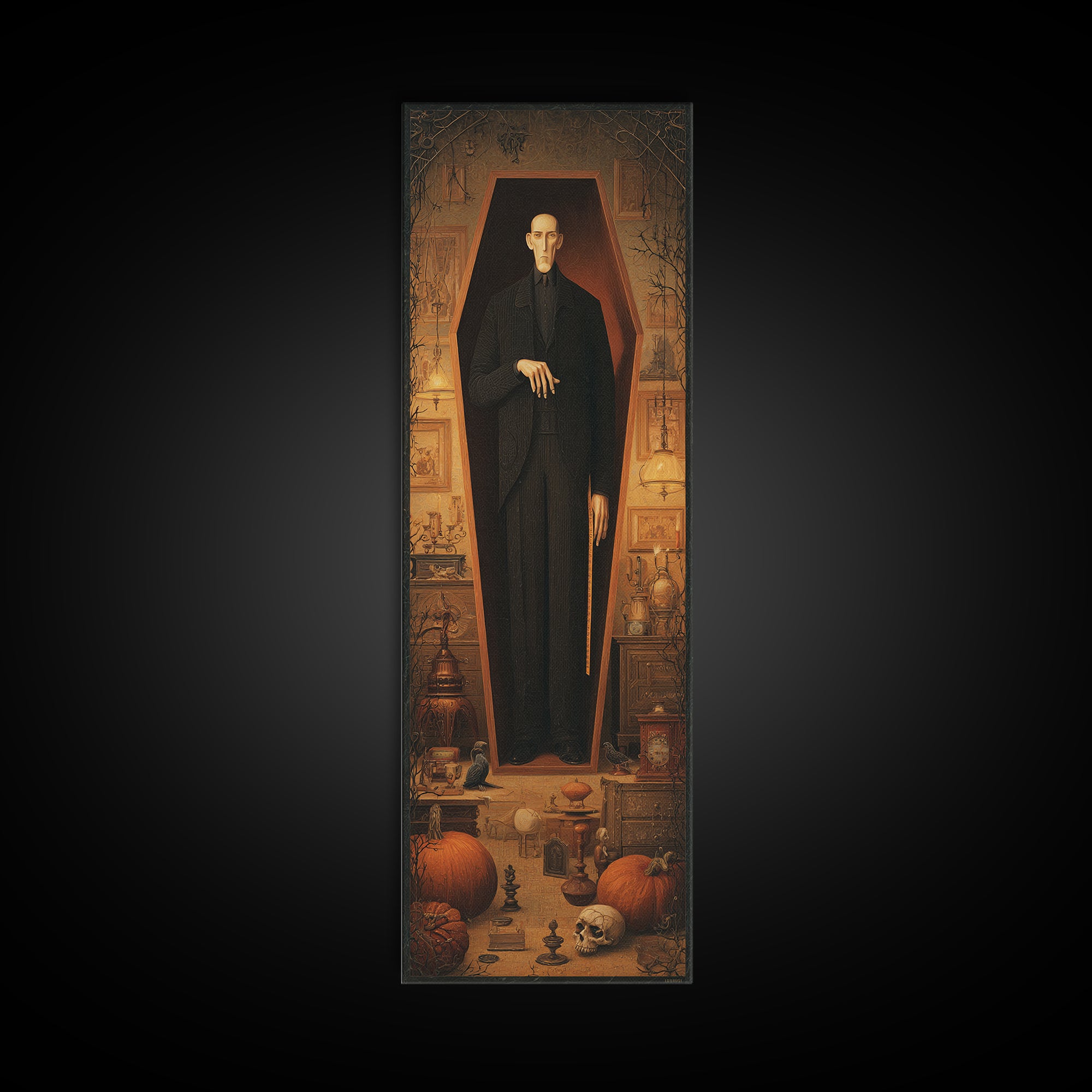 The Sinister Undertaker, Tall Narrow Wall Art, Spooky Home Decor, Canvas Print, Halloween Wall Decor, Gothic Home Decor, Dark Fantasy Art