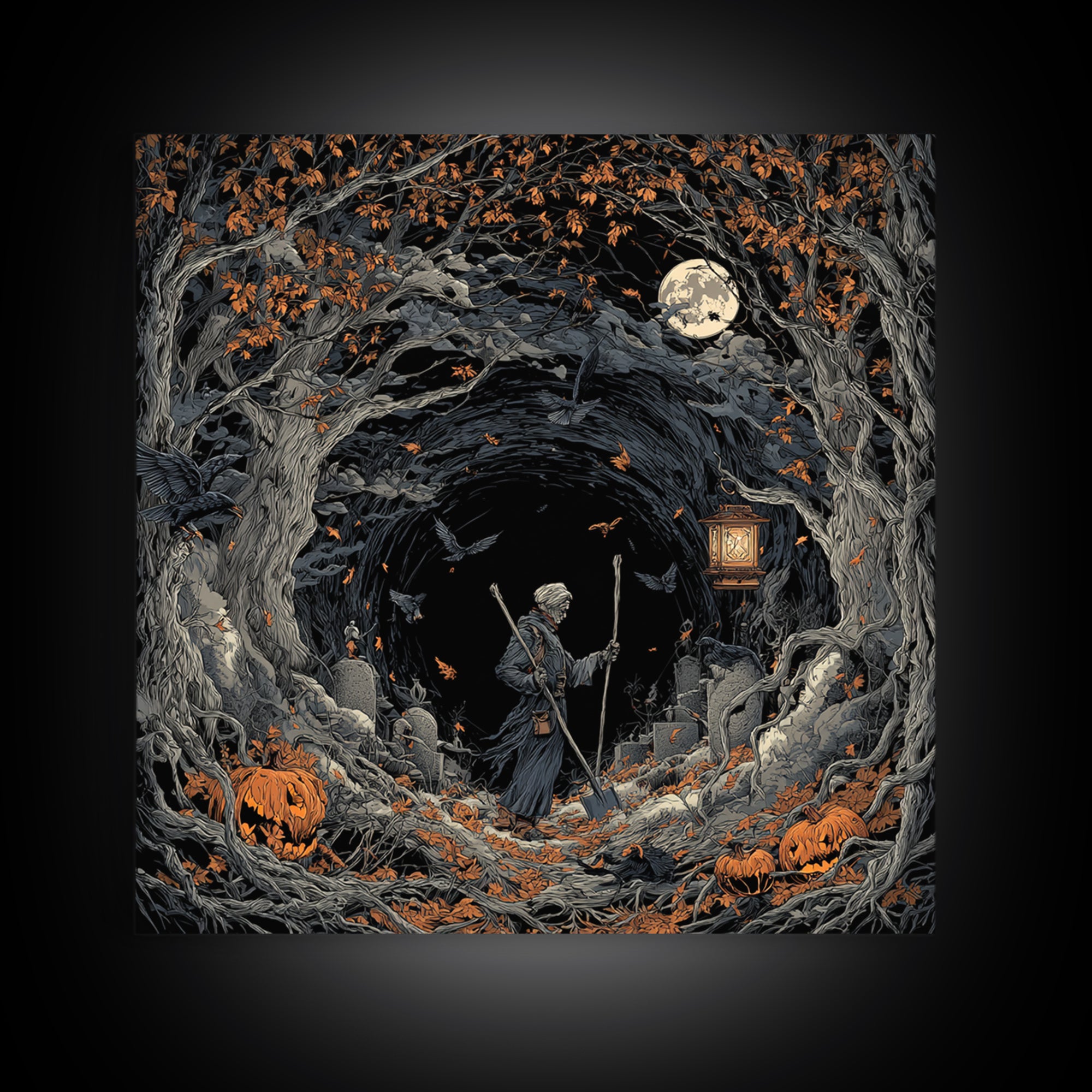 The Lantern Gravedigger, Square Wall Art, Dark Halloween Decor, Canvas Print, Halloween Wall Decor, Gothic Home Decor, Spooky Wall Decor