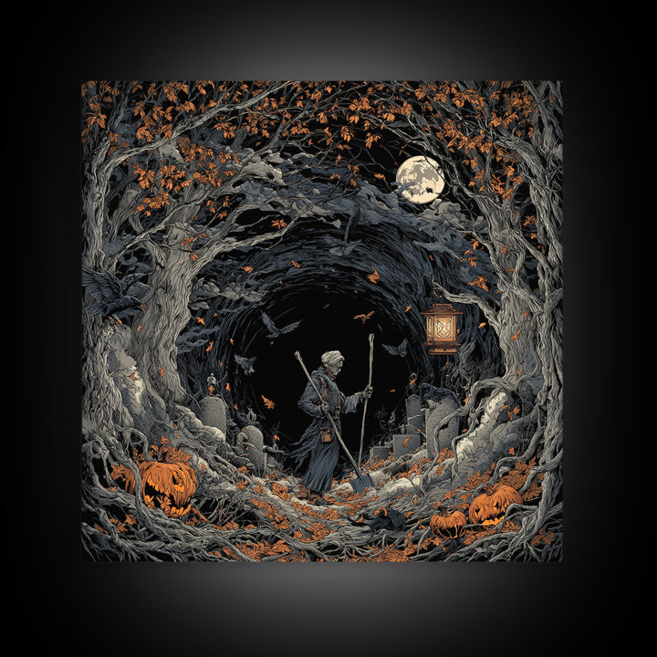 The Lantern Gravedigger, Square Wall Art, Dark Halloween Decor, Canvas Print, Halloween Wall Decor, Gothic Home Decor, Spooky Wall Decor