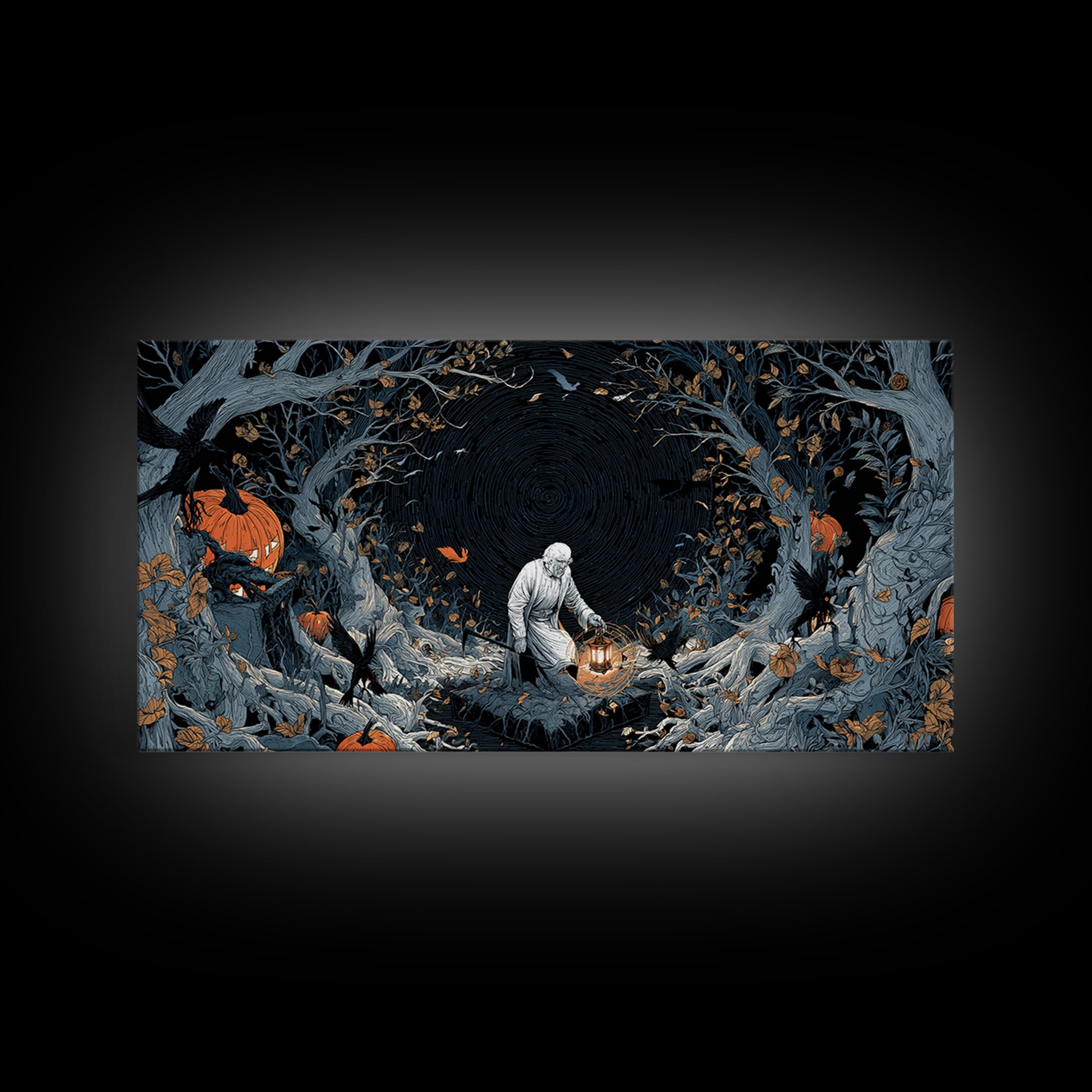 The Lantern Gravedigger, Wide Panoramic Art, Spooky Home Decor, Canvas Print, Halloween Wall Decor, Gothic Home Decor, Spooky Wall Decor