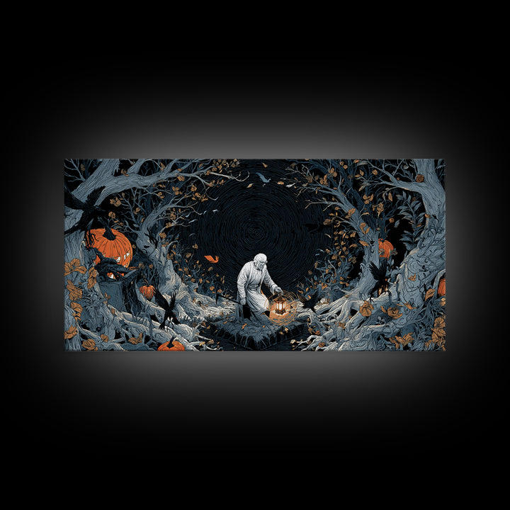 The Lantern Gravedigger, Wide Panoramic Art, Spooky Home Decor, Canvas Print, Halloween Wall Decor, Gothic Home Decor, Spooky Wall Decor