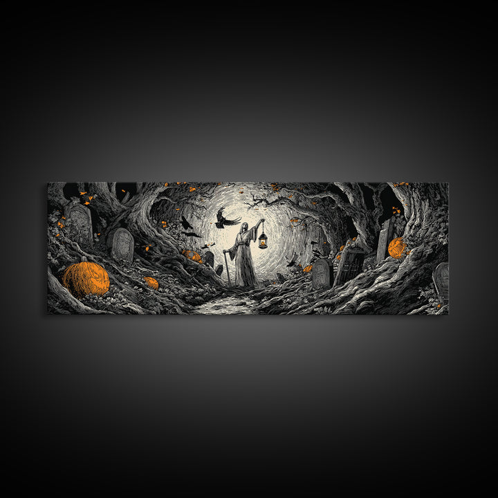 The Lantern Gravedigger, Extra Wide Wall Art, Gothic Horror Wall Art, Framed Canvas Print, Halloween Wall Decor, Gothic Home Decor