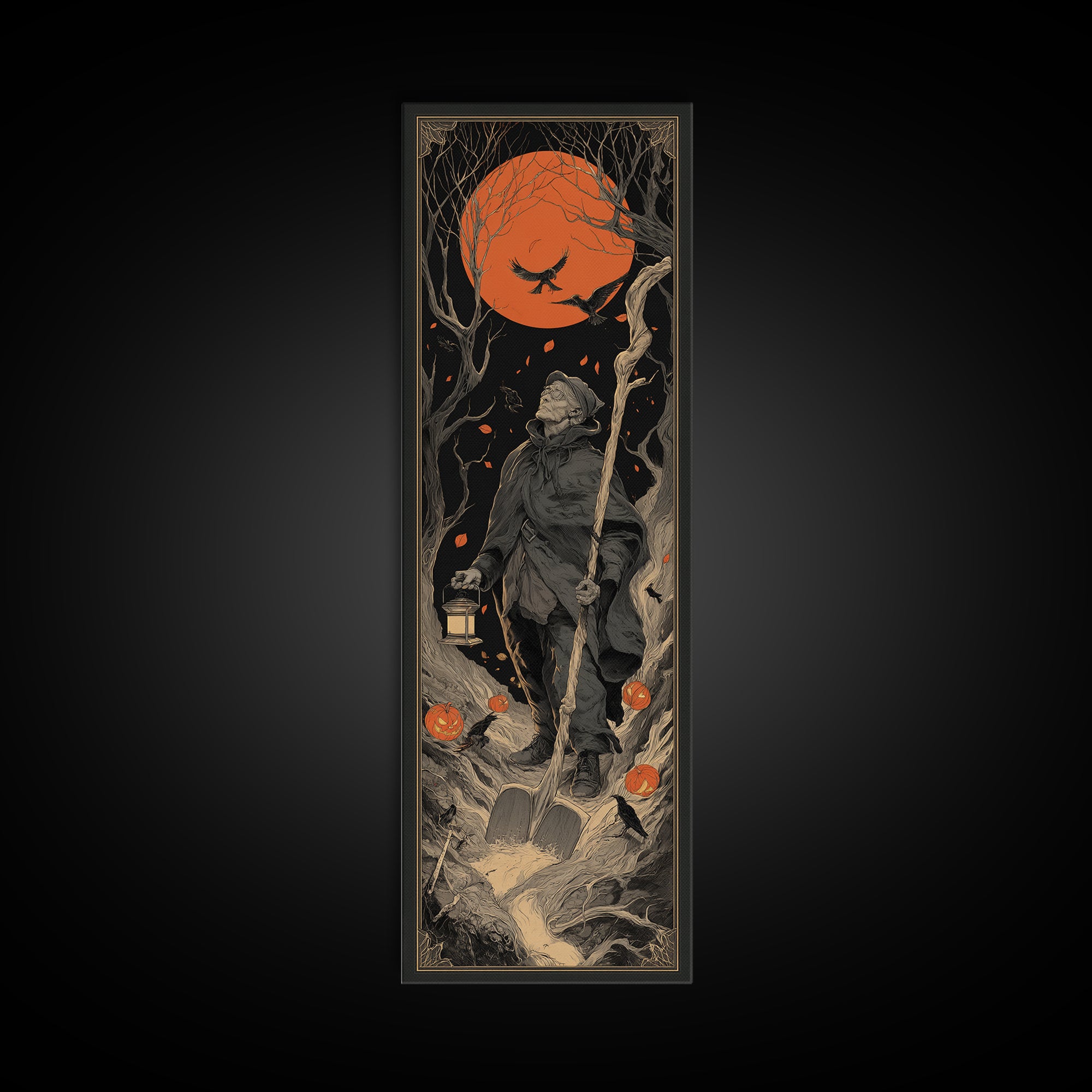 The Lantern Gravedigger, Tall Narrow Wall Art, Macabre Wall Art, Framed Canvas Print, Halloween Wall Decor, Gothic Home Decor